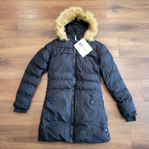 Puffer Coat Parka Hooded Jacket Womens XS Black Windproof CHERFLY - Picture 1 of 16